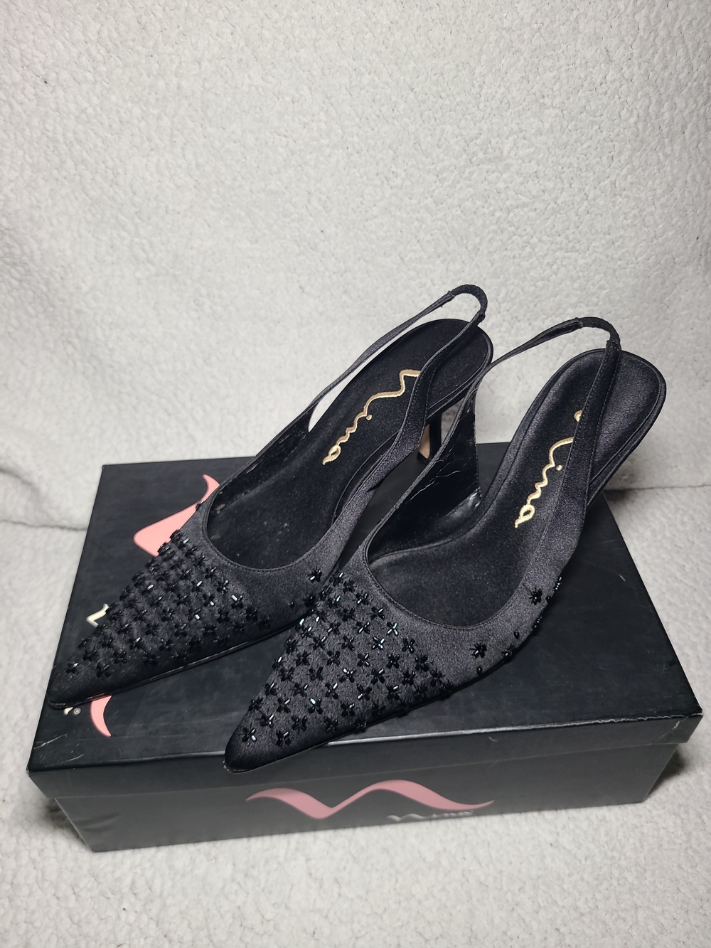 Nina Black Beaded Slingback Heels Pointed Toe Evening Shoes Womens 7.5
